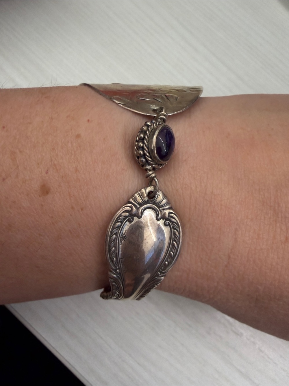 Sterling Silver Spoon Bracelet with Amethyst Cabochon Accent